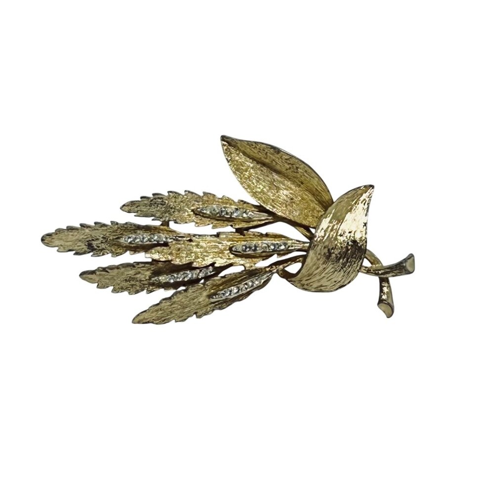 Vintage Gold Tone & Rhinestone Wheat Brooch (5741)
